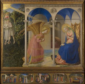 Anunciación a María, retablo con 5 tablas de predela de la vida de María, tabla principal, escena de Fra Angelico